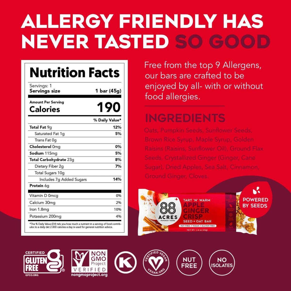 88 Acres Granola Bars | Apple Ginger Crisp | Gluten Free, Nut-Free Oat and Seed Snack Bar | Vegan & Non GMO | 12 Pack