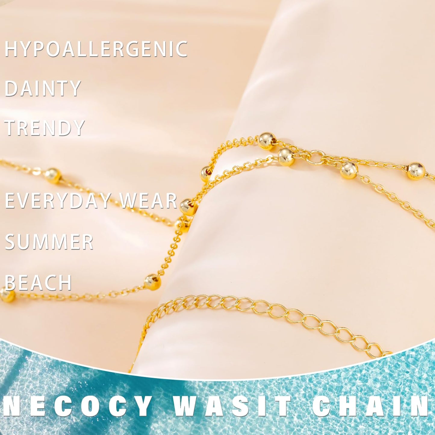 NECOCY Beaded Waist Chain for Women, Trendy 14K Gold Plated Belly Belt Beads Chain Adjustable Waterproof Sexy Layered Beach Snake Body Chain Summer Bikini Jewelry Accessories for Women