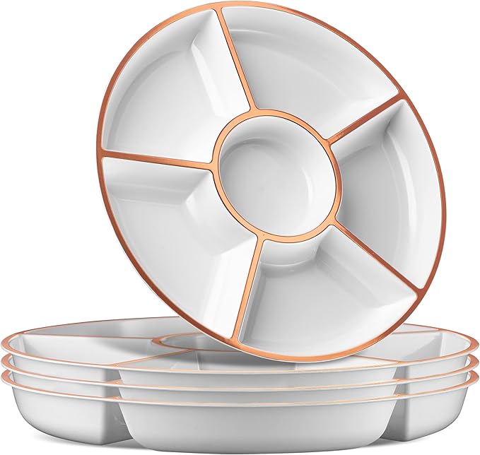Plasticpro 6 Sectional Round Plastic Serving Tray/Platter (2, White & Rose Gold)