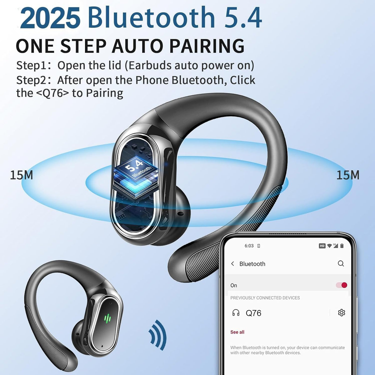 Wireless Earbuds, 2025 Bluetooth 5.4 Headphones Sport, Bluetooth Earbuds with ENC Noise Canceling Mic, 50H Stereo Wireless Headphones IP7 Waterproof with Earhooks, Dual LED Display for Workout/Running