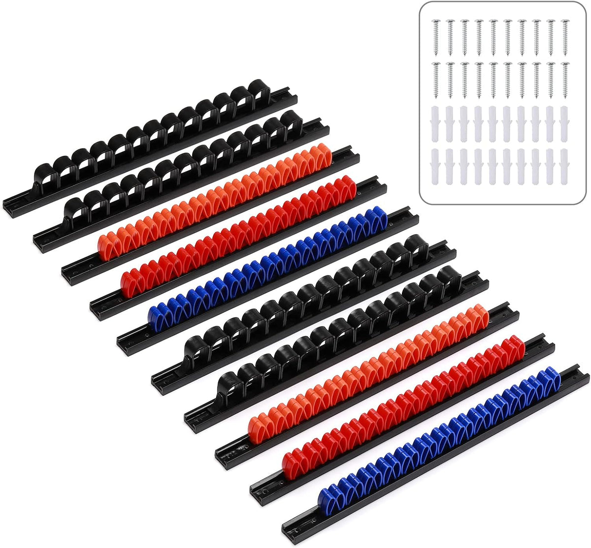 CASOMAN 10 pcs Screwdriver Organizer and Wrench Organizer, Wall Mount, Hand Tool Holder, Plastic Rail Wrench Hanger with Clips