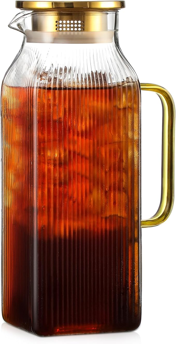 2 Liter/68 oz Square Glass Pitcher with Lid, Classic Stripes Water Pitchers with Handle for Fridge, Large Jug for Iced Tea, Coffee, Borosilicate Glass Carafe for Hot/Cold Brew Drink, Gold