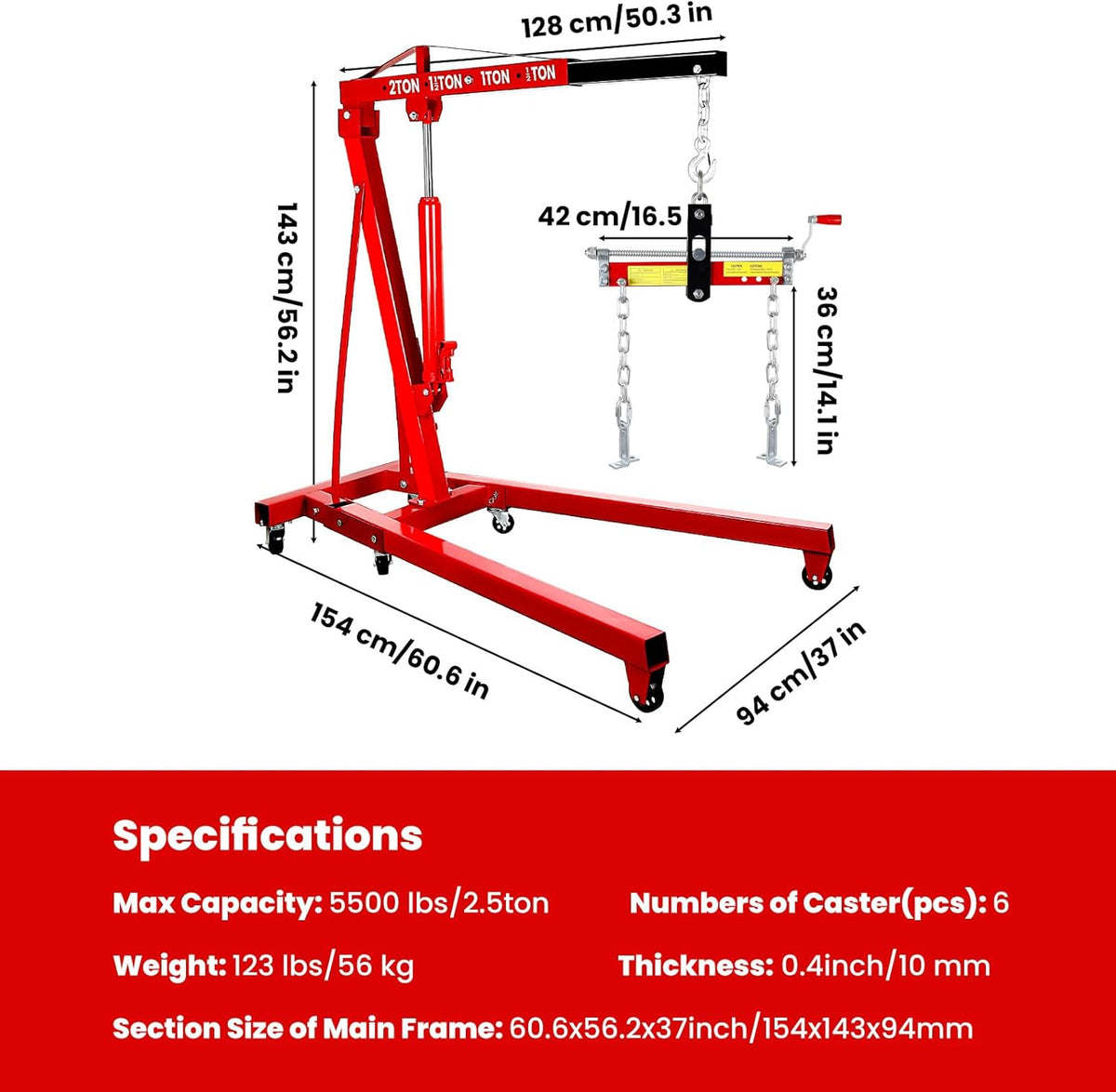 2.5 ton Engine Lift Cherry Picker with 8 ton Hydraulic Pump -5500 lbs Heavy Duty Engine Lift Crane 60.6x37x56.2, Foldable Design with 6 Swivel Wheels - for Mechanics, hobbyists and Home Users (Red)