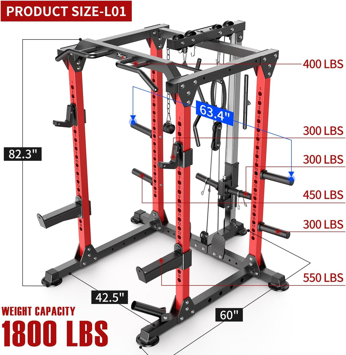 Power Rack Power Cages Multi-Function Squat Rack with Cable Crossover System Selectable More Training Attachment Weight Cage for Garage & Home Gym