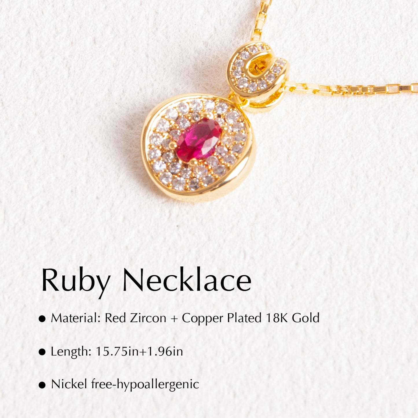 Tessalyn Ruby Necklaces for Women, 18K Gold Plated Round Faux Diamond Halo Pendant Necklace, Cubic Zirconia Halo Necklace