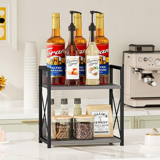 Giikin Countertop Shelf Organizer, 2 Tier Coffee Organizer for Desktop, Grey Counter Shelf Spice Rack for Kitchen (Grey, M)