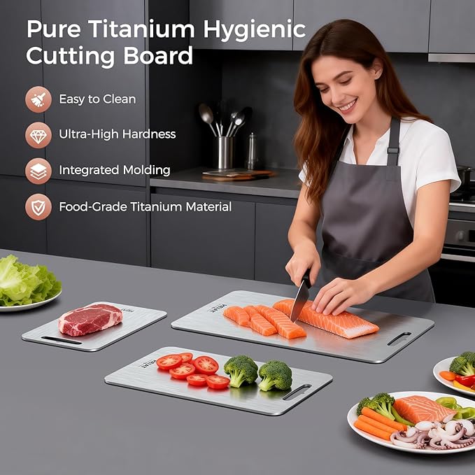 Titanium Cutting Board Set of 3, 100% Pure Titanium Cutting Boards for Kitchen, Non-Toxic, Double-Sided Chopping Boards for Raw & Cooked Food, Handles Included, Dishwasher Safe(16” x 10”)