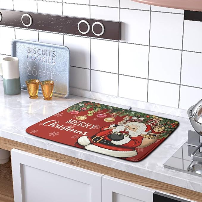 Merry Christmas Dish Drying Mat Santa Claus Kitchen Drainer Mats Microfiber Absorbent Winter Xmas Holiday Dishes Pad Reusable Dish Rack Mat for Countertop Tableware Decor 16x18 Inch