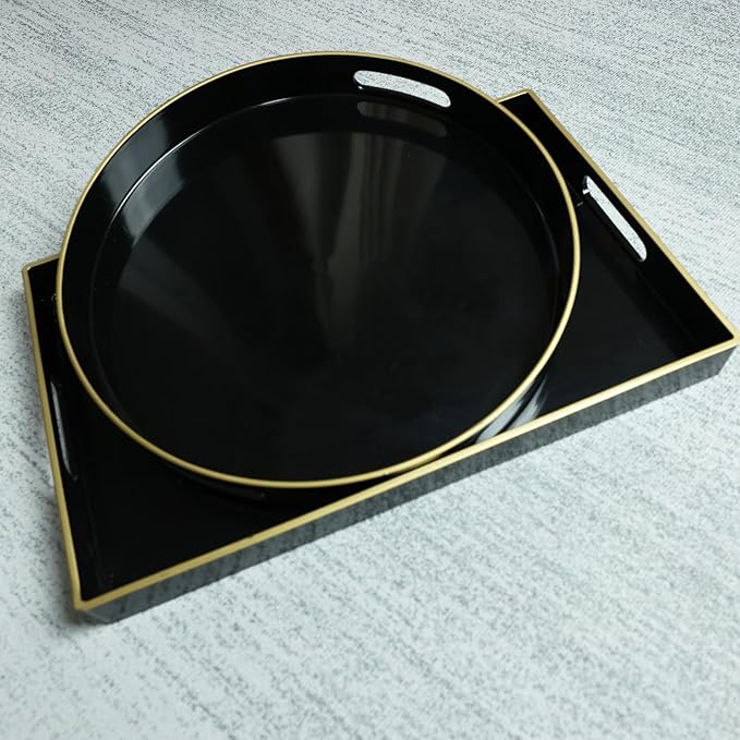 Spsyrine Black Decorative Serving Tray with Handles, Elegant Plastic Coffee Table Tray for Ottoman, Living Room, Home Decor 15.6" X 10.2"