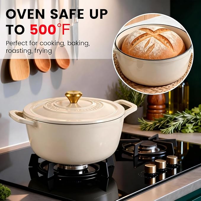 Enameled Cast Iron Dutch Oven - JINCHUFURI 5 Quart Cast Iron Dutch Oven Enameled Oven with Lid for Sourdough Bread Baking, Pre-Seasoned Pot Oven Safe