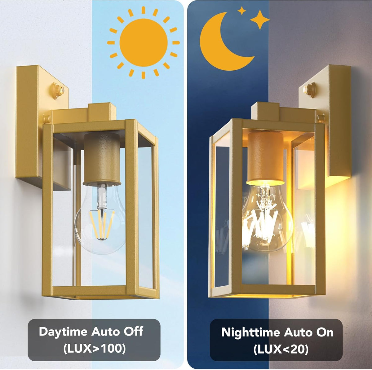PARTPHONER Dusk to Dawn Outdoor Light Fixtures, 2-Pack Sensor Porch Lights, Waterproof Exterior Wall Sconce Lighting Lamp, Waterproof Wall Lantern for House, Doorway, Garage (Gold)
