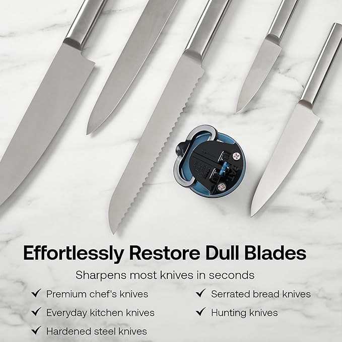 AnySharp – Global – Hands Free Knife Sharpener - Easy to Use Sharpening Tool with PowerGrip Suction Base and 20-Degree Pre-Set Angle - for All Knives: Chef's, Serrated, and Hardened Steel - Blue