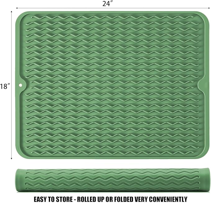 Large 24" x 18" Silicone Dish Drying Mat for Kitchen Counter, Easy clean, Quick Dry, Heat-resistant Dish Drainer Mat for Sink,Refrigerator or Drawer liner (Food Grade Silicone-Dark Green)