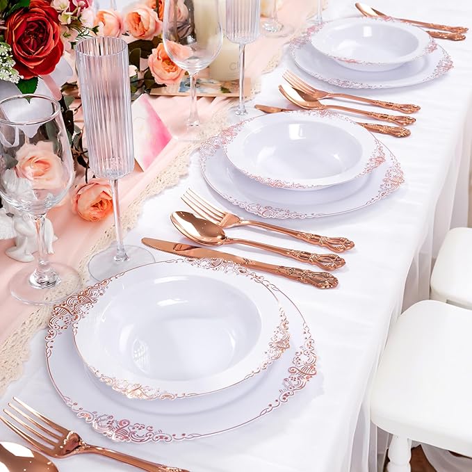 100PCS Rose Gold Plastic Bowls - 12 oz Disposable Salad Bowls - Heavy Duty Disposable Soup Bowl - Fancy Plastic Ice Cream Bowl for Weddings Parties Catering Picnics