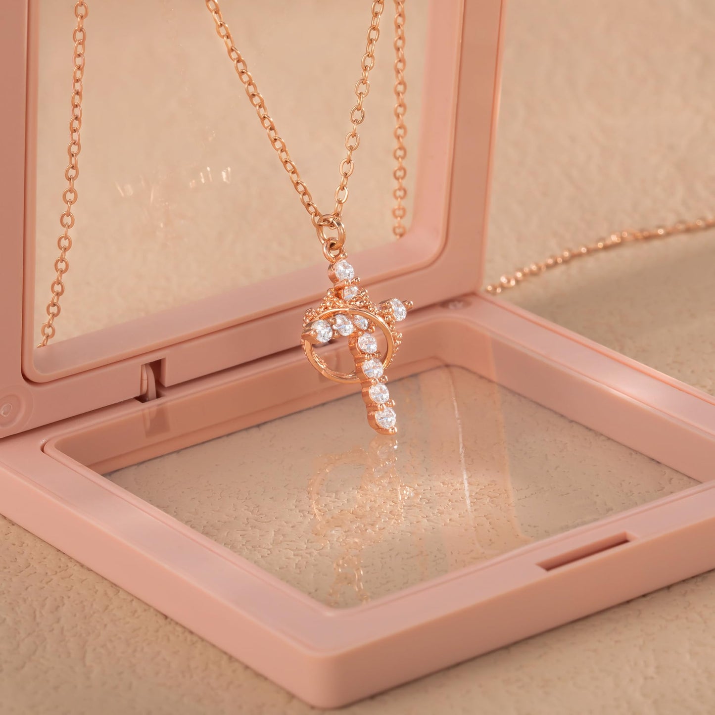 Robaice Rose Gold Cross Necklace for Women, Rose Gold Plated Crown Cross Pendant Necklace Cross Necklaces Faith Jewelry First Communion Necklace, Rose Gold