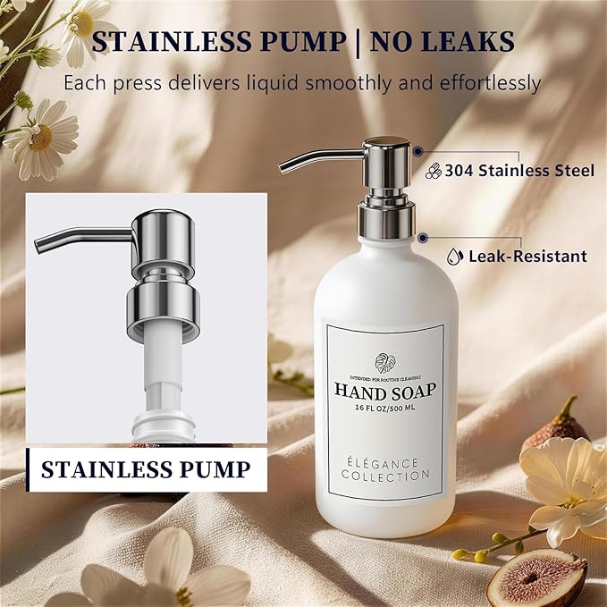 White Glass Soap Dispenser Set of 2, 16oz Hand and Dish Soap Dispenser for Kitchen & Bathroom, Silver Stainless Steel Pump, Non-Slip Base, 14 Waterproof Labels, Minimalist Decor