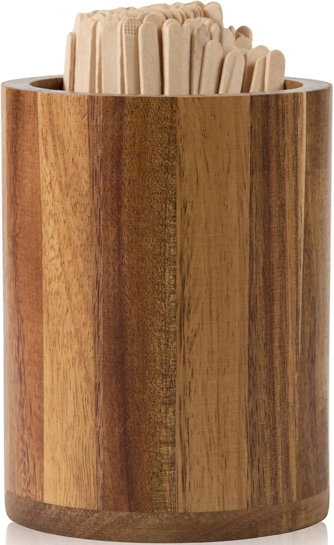 Acacia Wood Coffee Stirrer Holder Set with 100 Disposable Stir Sticks, Wooden Bar Accessories for Milk Cocktail Tea Drinks Straws, Organizer for Station Countertop