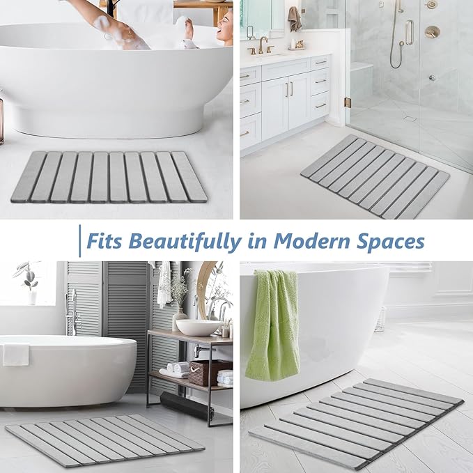 AWW Foldable Stone Bath Mat, Quick Dry Diatomaceous Earth Bath Mat with Non-Slip Mat, Super Absorbent, Easy to Clean, Compact for Small Bathrooms, 23.6 x 15.5, Light Grey