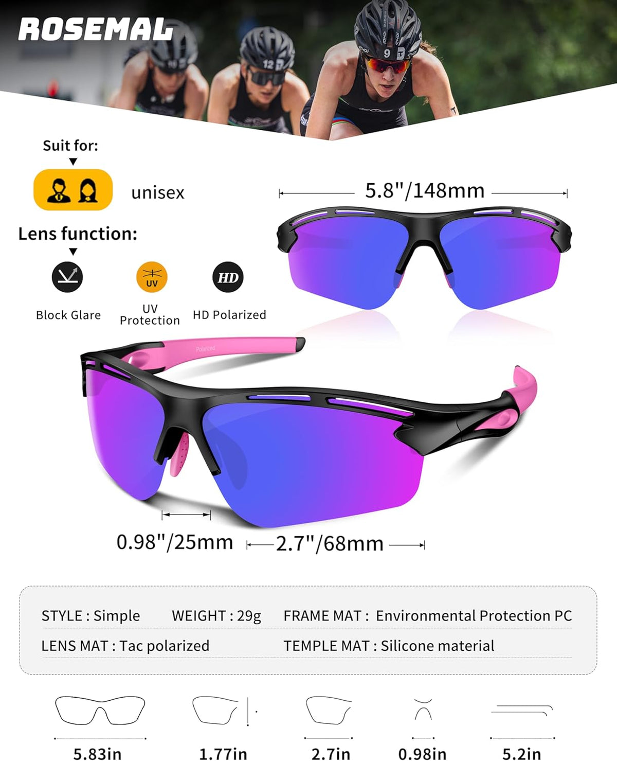 Polarized Sports Sunglasses for Men Women,UV400 Protection Sunglass for Running Cycling Fishing Hiking TR90