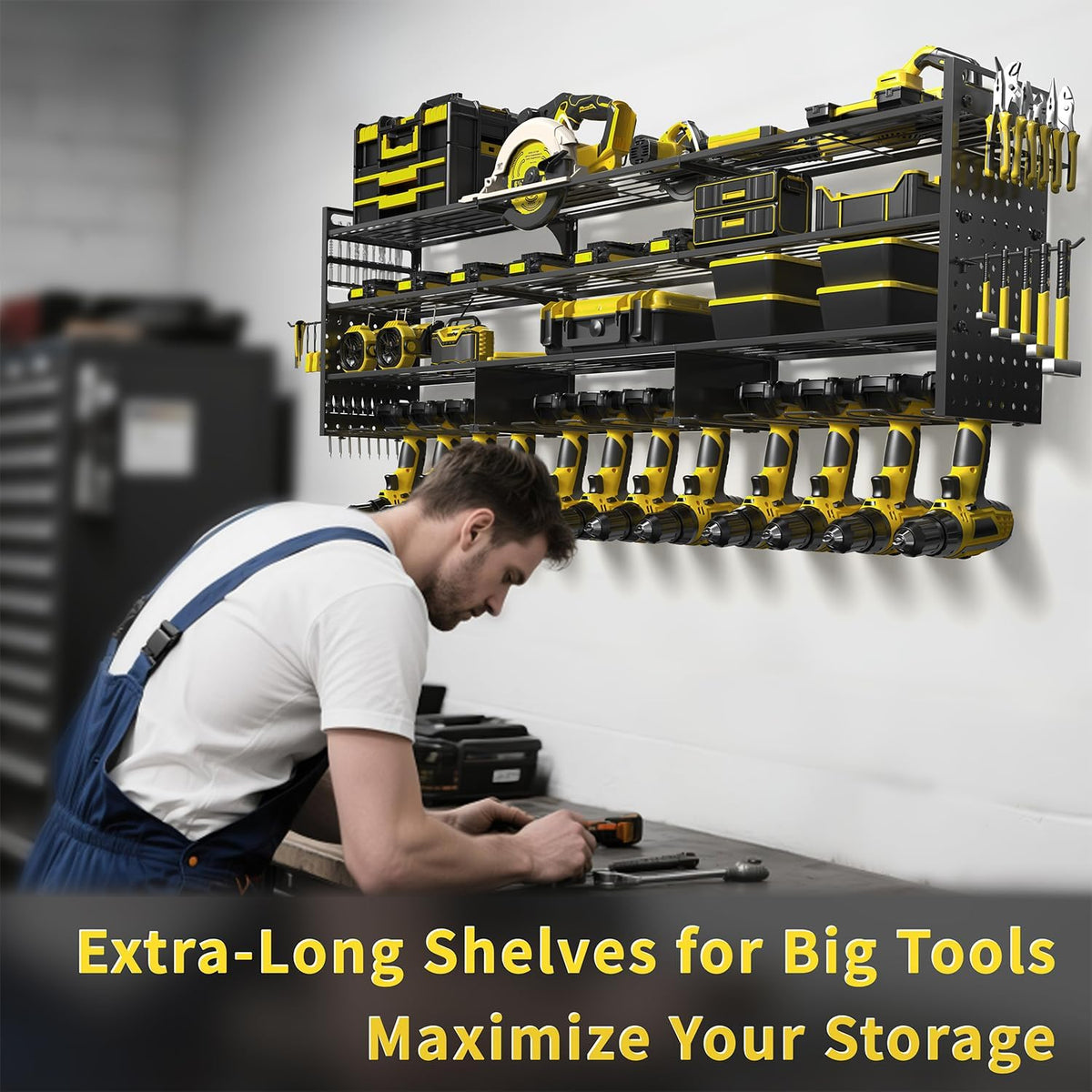 Power Tool Organizer Wall Mount, 49" Heavy Duty 4-Tier Garage Storage Shelf with 12 Drills Holder, Pegboard Side Panels,4 Long Hooks, Large Tool Battery Holder Metal Tool Shelf Rack