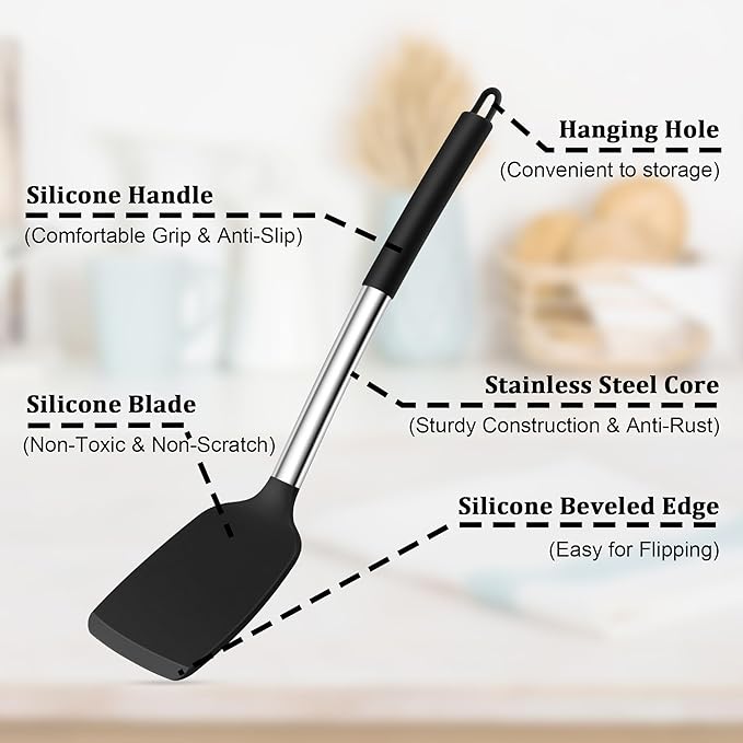 TeamFar Cooking Utensils Set, 5 PCS Silicone Kitchen Utensils with Stainless Steel Handle, for Nonstick Cookware Flipping Frying Turning Draining, Heatproof & Healthy, Nonstick & Easy Clean, Black