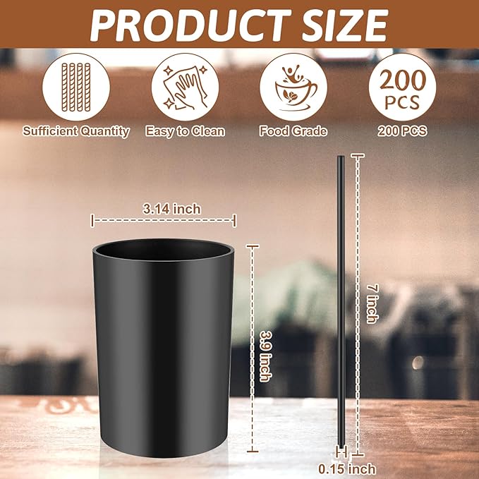 200 Pcs Black Coffee Stirrer Sticks and Holder Set 7 Inch Plastic Coffee Stir Straws with Holder Cocktail Drink Stirrers Mixing Milk Cocktail Drinks Supplies for Coffee Bar Home Party