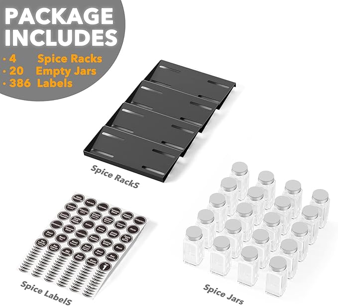 SpaceAid Spice Drawer Organizer with 20 Spice Jars, 386 Spice Labels, 4 Tier Seasoning Rack Tray Insert for Kitchen Drawers, 9-1/2" Wide x 17-1/2" Deep
