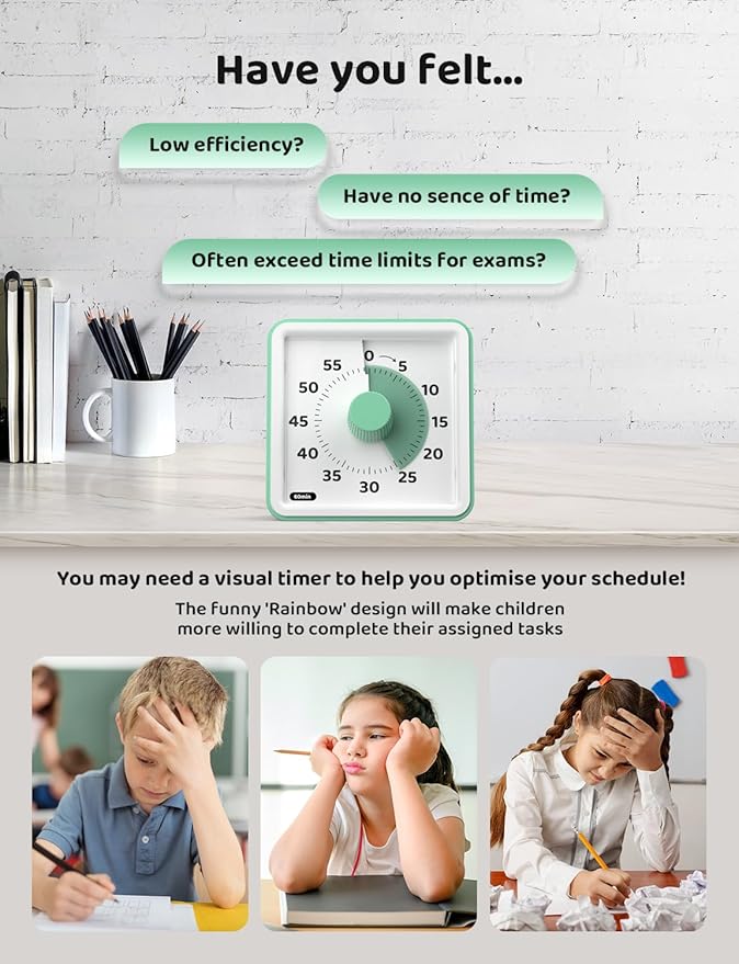 LIORQUE Visual Timer for Kids, 60-Minute Countdown Timers for Classroom Office Kitchen with Silent Operation, Kids Timer for Teaching (Batteries Included)