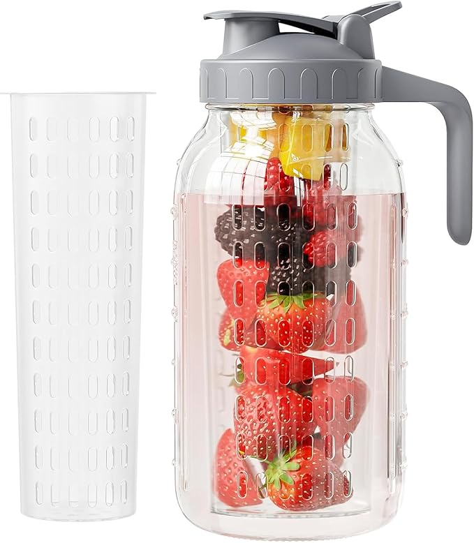 JunVpic Glass Mason Jar Pitcher, 64oz (2 Quart) Wide Mouth Jug with Dual Leak-Proof Pour Spout, Handle Lid for Fruit Drinks, Cold Brew Coffee, Ice Beverage, Iced Juice, Lemonade, Sun Tea Container