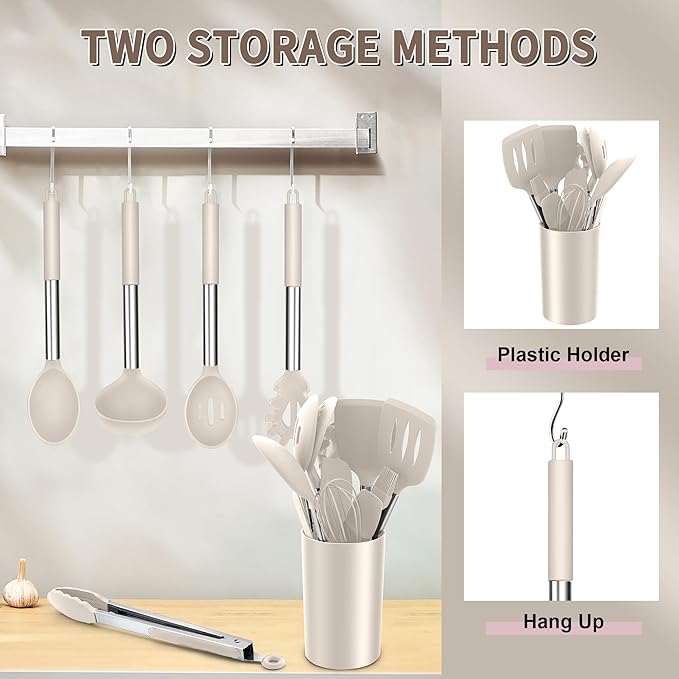 E-far Silicone Cooking Utensils Set, 14-Piece Khaki Kitchen Utensils Set with Holder, Kitchen Tools Spatulas with Stainless Steel Handle for Non-stick Cookware, Heat Resistant & Dishwasher safe
