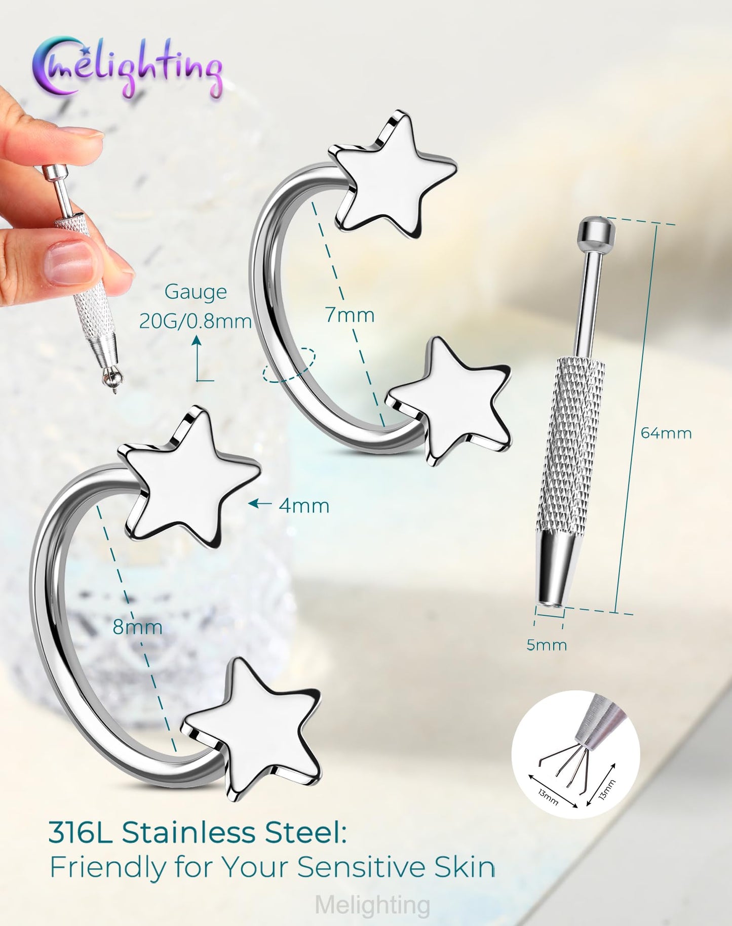Melighting 20G Horseshoe Nose Rings Hoop, Threadless Nose Piercing with Piercing Taper Ball Grabber Tool 316L Stainless Steel, Star Septum Lip Helix Rook Piercing Jewelry for Women 8 mm