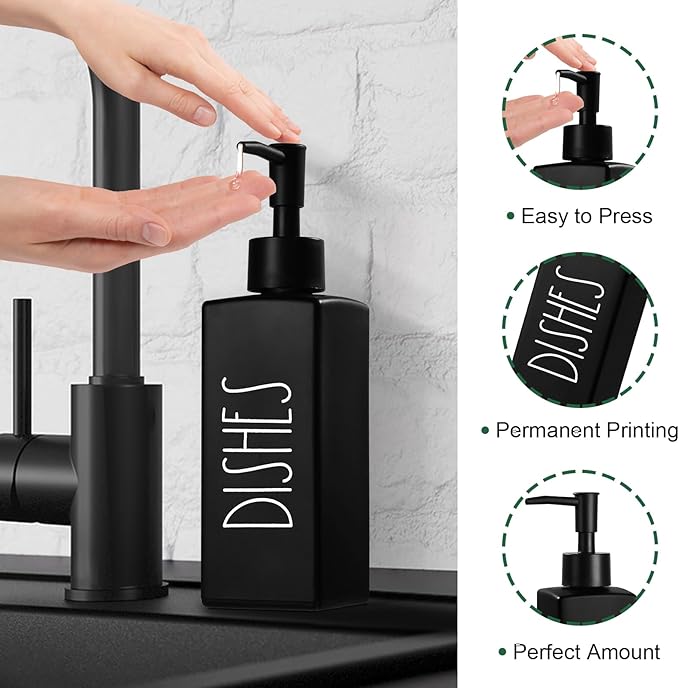 Hand and Dish Soap Dispenser Set, Matte Black Dish Dispenser Bottle for Kitchen, Glass Kitchen Soap Dispenser Set with Pump, Refillable Liquid Soap Bottle, Farmhouse Kitchen Decor, 12.3fl oz