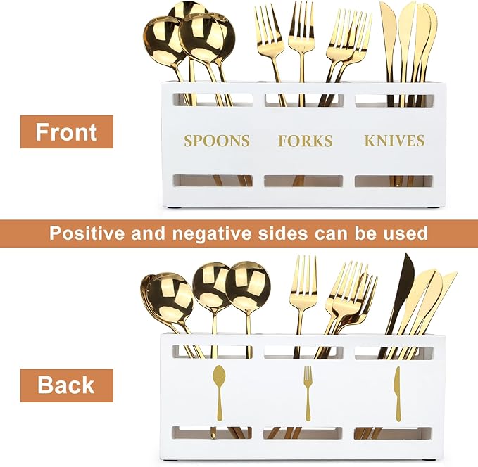 Ayiaren Wood Flatware Silverware Caddy White Cutlery Holder Kitchen Utensils Holder for Party Wooden Silverware Organizer for Countertop Knife Spoon and Fork Holder Table Utensil Caddy Organizer