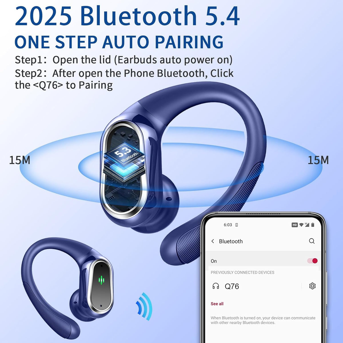 Wireless Earbuds, 2025 Bluetooth 5.4 Headphones Sport, Bluetooth Earbuds with ENC Noise Canceling Mic, 50H Stereo Wireless Headphones IP7 Waterproof with Earhooks, Dual LED Display for Workout/Running