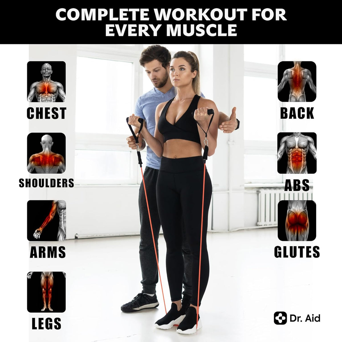 Dr. Aid Resistance Bands Set – 5 Stackable Workout Bands with Handles, Pure Latex, High Elasticity & Tear Resistant – Smell-Free Full-Body Exercise Bands for Rehab, Basic Training & Strength Workouts
