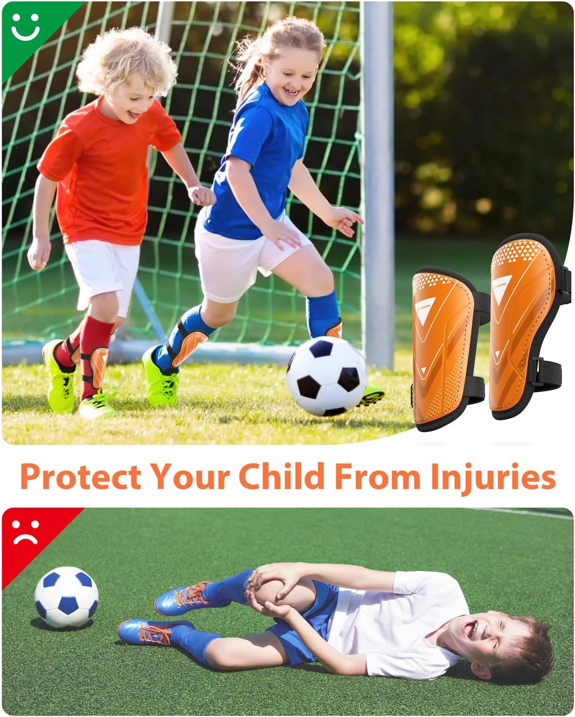 Shin Guards Soccer Kids Youth, CE Certified Airsfish Shin Guard Protection Gear for 2-18 Years Old Boys Girls Teenagers High Impact Resistant Breathable Comfortable 1 Pair 4 Sizes