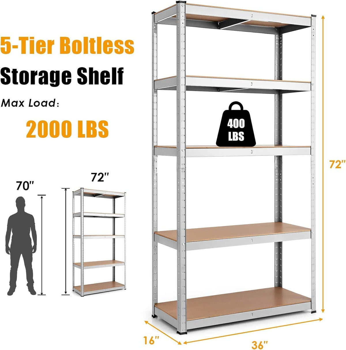 ERGOMASTER 5 Tier Utility Shelves Rack Garage Heavy Duty Steel Metal Shelving Unit with Adjustable Design, Bolt-Free Assembly & 385 LBS Wight Capacity Per Tier (1, Silver)