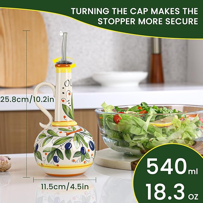 18 oz Ceramic Olive Oil Dispenser Bottle for Kitchen, Large Capacity Oli and Vinegar Cruet with Stainless Steel Spout, 540 ml Oil Container with Handle for Cooking Preventing, Vinegar Cruet