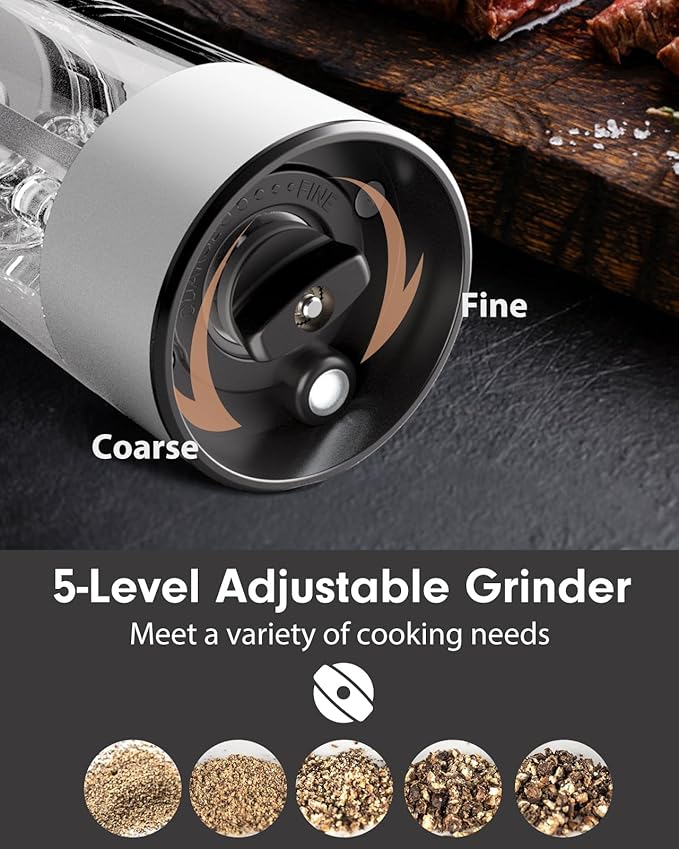 TOMEEM Upgraded Larger Capacity Electric Salt and Pepper Grinder Set Rechargeable with LED lights, Stainless Steel Automatic Pepper and Salt Grinder Refillable with 5 Adjustable Coarseness White