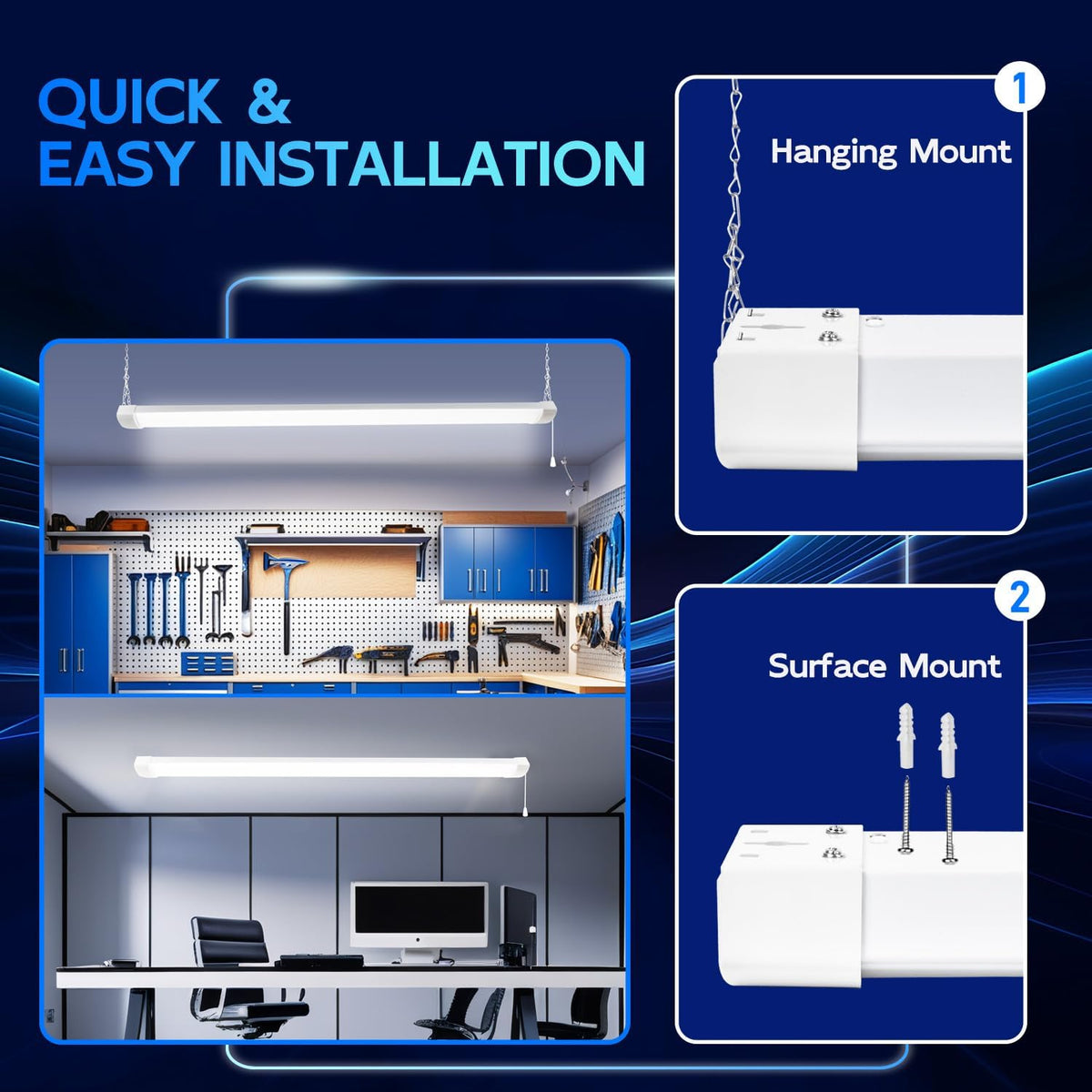 hykolity 4FT 70W LED Shop Light Linkable, 8000lm(300w Equivalent), 5000K Utility Shop Lights for Garages, Workshops, Basements, Hanging or FlushMount, with Power Cord and Pull Chain, ETL,White, 2 Pack