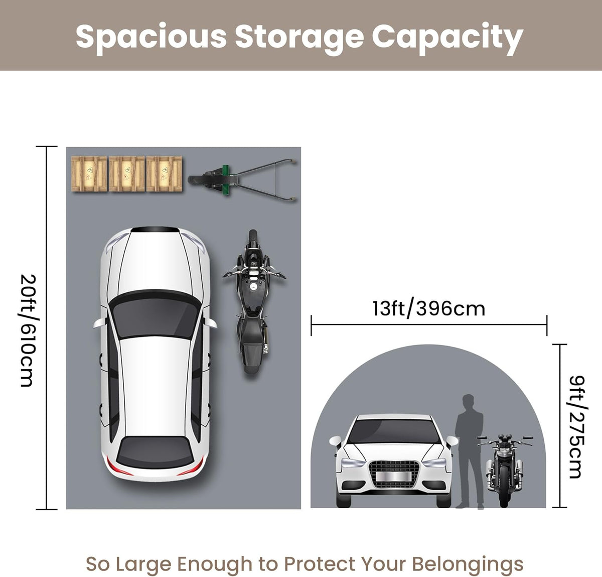 SUNBURY Carport, Round Portable Garage, Outdoor 13x20 ft Heavy Duty Carport, Tensioner and 2 Roll Up Doors Waterproof PE Fabric Car Port, Garage, Storage Shed, Tent for Storage, SUV, Grey