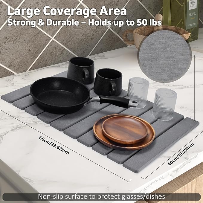 Large Stone Dish Drying Mats for Kitchen Counter, 24"(L)×16"(W), Fast Drying Collapsible Mat, Eco-Friendly Absorbent Diatomaceous Earth Mats for Dishes Bottles, Match Any Countertop【Dark gray】