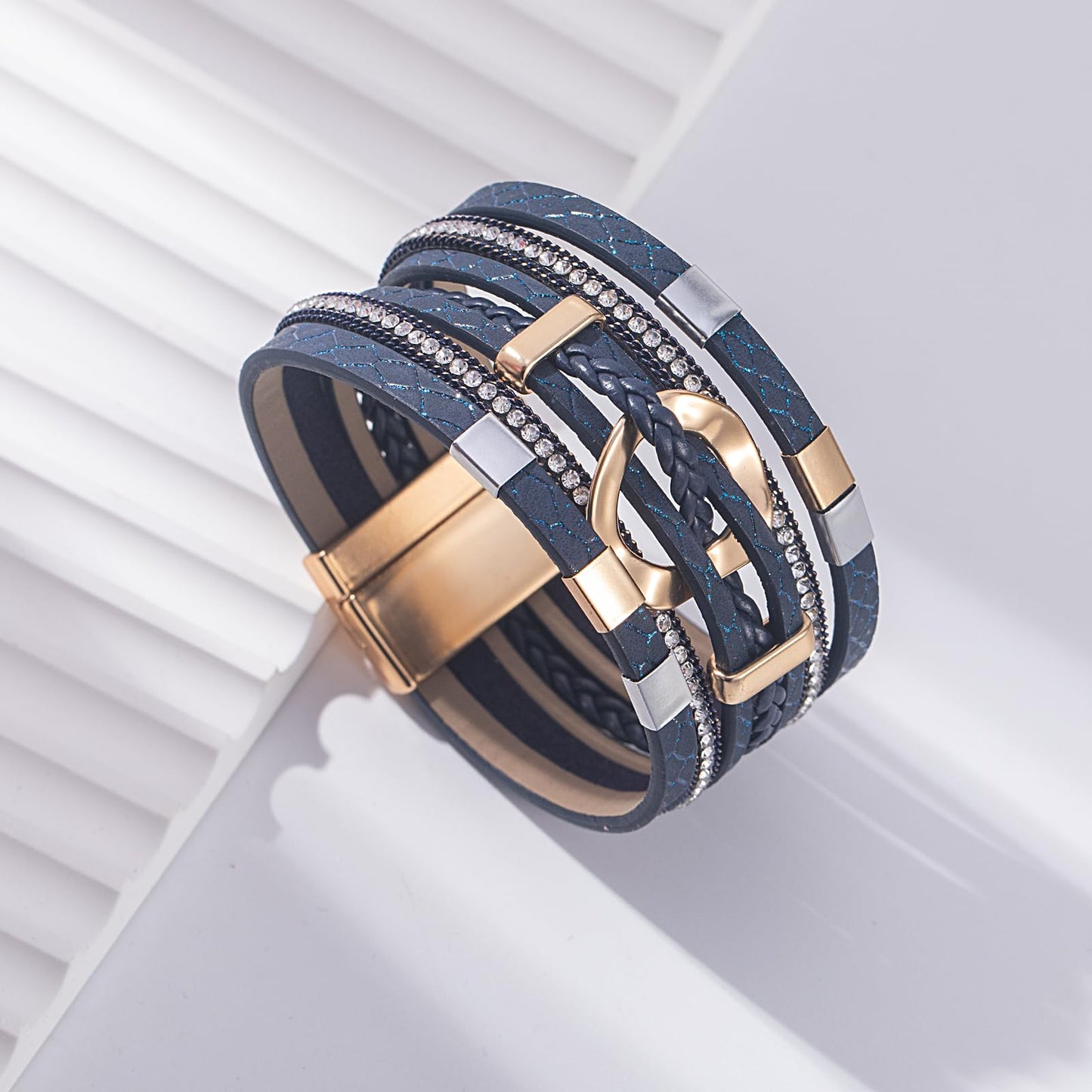 FANCY SHINY Boho Leather Wrap Bracelets Circle Square Bead Braided Handmade Stackable Bracelet Trendy Cuff Bangle for Women(Blue)