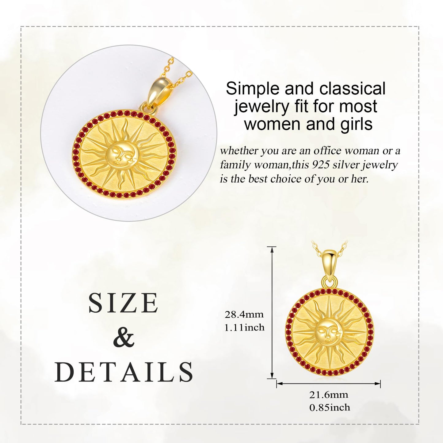 KQF Sun Coin Necklace for Women 925 Sterling Silver 18K Gold Plated Birthstone Sun Coin Pendant January Jewelry Gift for Women