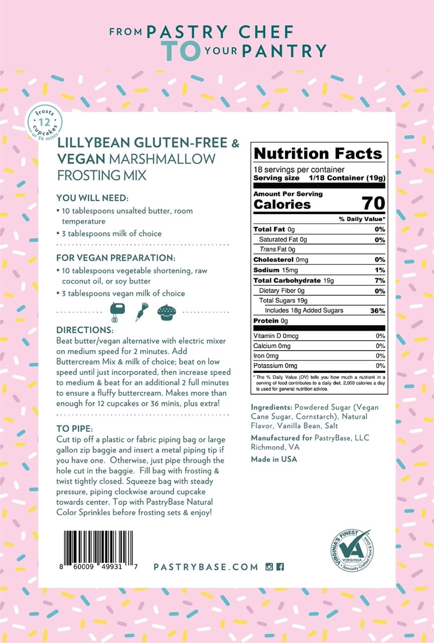 LillyBean Gluten Free Marshmallow Buttercream Frosting Mix with No Artificial Colors - Dairy and Soy Free, Vegan Icing for Decorating Cakes, Cupcakes, Cookies - 12 oz
