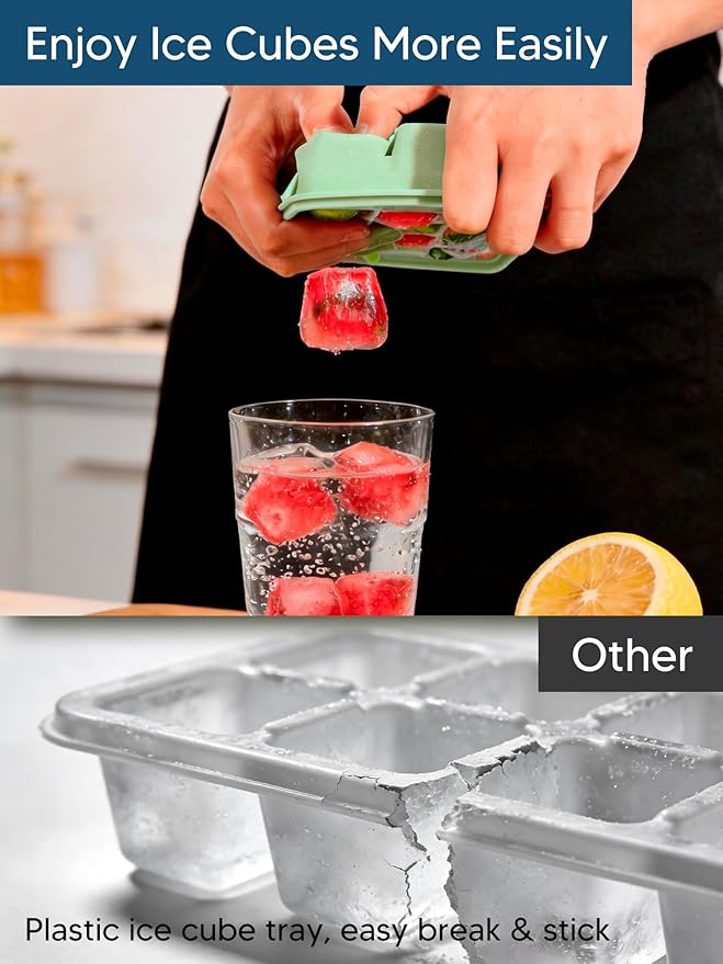 Silicone Ice Cube Tray, 2 Pack Ice Trays for Freezer with Lid, Easy Release and Stackable Silicone Ice Molds, Covered Ice Cube Trays for Cocktails, Whiskey, Coffee (Green)