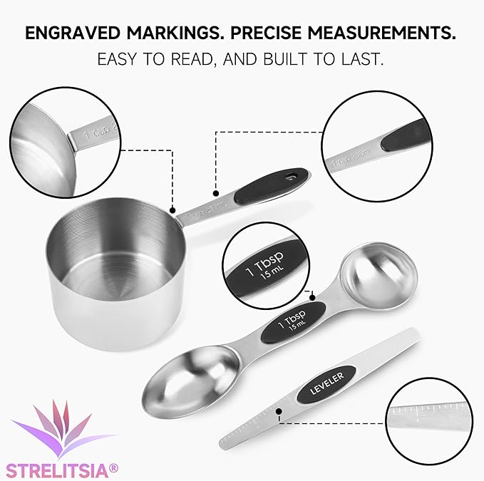 Magnetic Measuring Cups and Spoons Set, Strong N45 Magnets, 304 Stainless Steel, Double-Sided Measuring Spoons, 14-Piece Set with Leveler for Baking & Cooking