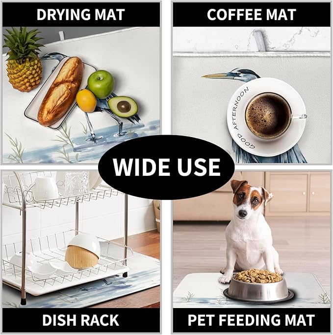 Summer Dish Drying Mat Blue White Heron Beach Absorbent Microfiber Drying Mats for Kitchen Counter Coastal Nautical Birds Dishes Drainer Mat Extra Large 18x24 Inch