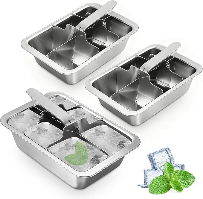 Ice Cube Trays, 3 Pack Large 6-cube Stainless Steel Ice Cube Trays with Easy Release Levers – Portable Reusable Metal Ice Maker for Family Bar - Send Goods From Local Warehouse
