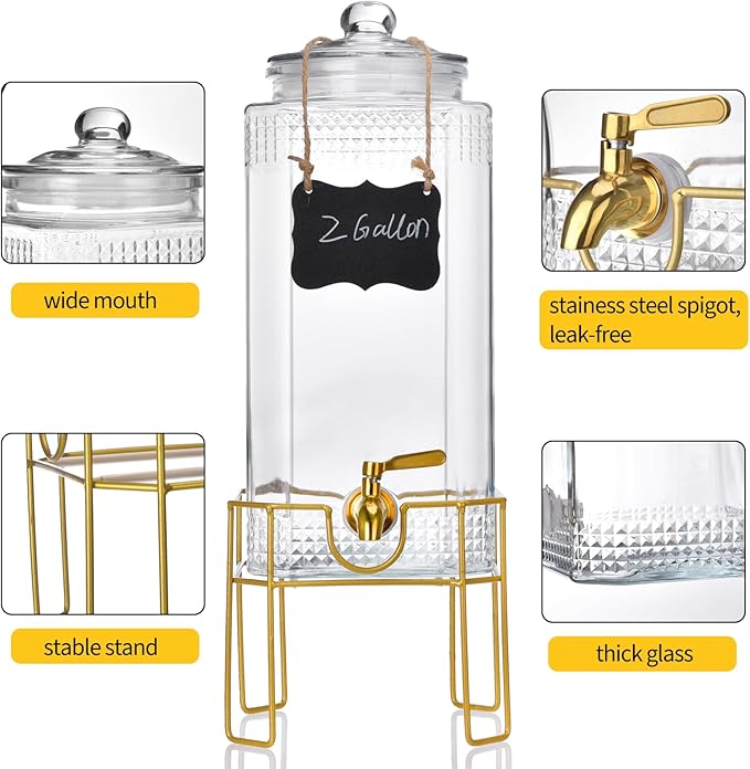 Drink Dispenser,2 Gallon Drink Dispensers for Parties,Beverage Dispenser with Stand,Glass Lid and Stainless Steel Spigot Leak-proof, Ideal for Lemonade,Juice, Tea, and Party Drinks